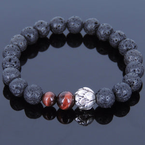 Red Tiger Eye & Lava Rock Healing Stone Bracelet with Tibetan Silver Lotus Bead - Handmade by Gem & Silver TSB055