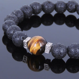 Brown Tiger Eye & Lava Rock Healing Stone Bracelet with Tibetan Silver Square Spacers - Handmade by Gem and Silver TSB011