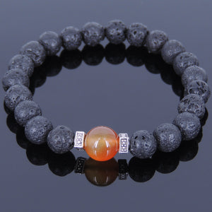 Red Carnelian & Lava Rock Healing Stone Bracelet with Tibetan Silver Square Spacers - Handmade by Gem and Silver TSB013