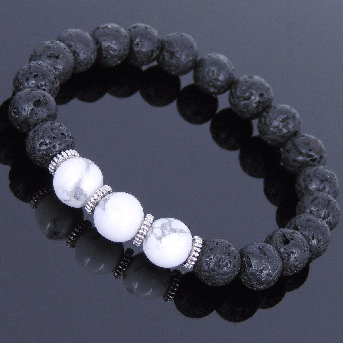 8mm White Howlite & Lava Rock Healing Gemstone Bracelet with Tibetan Silver Spacers - Handmade by Gem & Silver TSB015