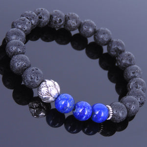 8mm Lapis Lazuli & Lava Rock Healing Stone Bracelet with Tibetan Silver Lotus Bead & Spacers - Handmade by Gem & Silver TSB024