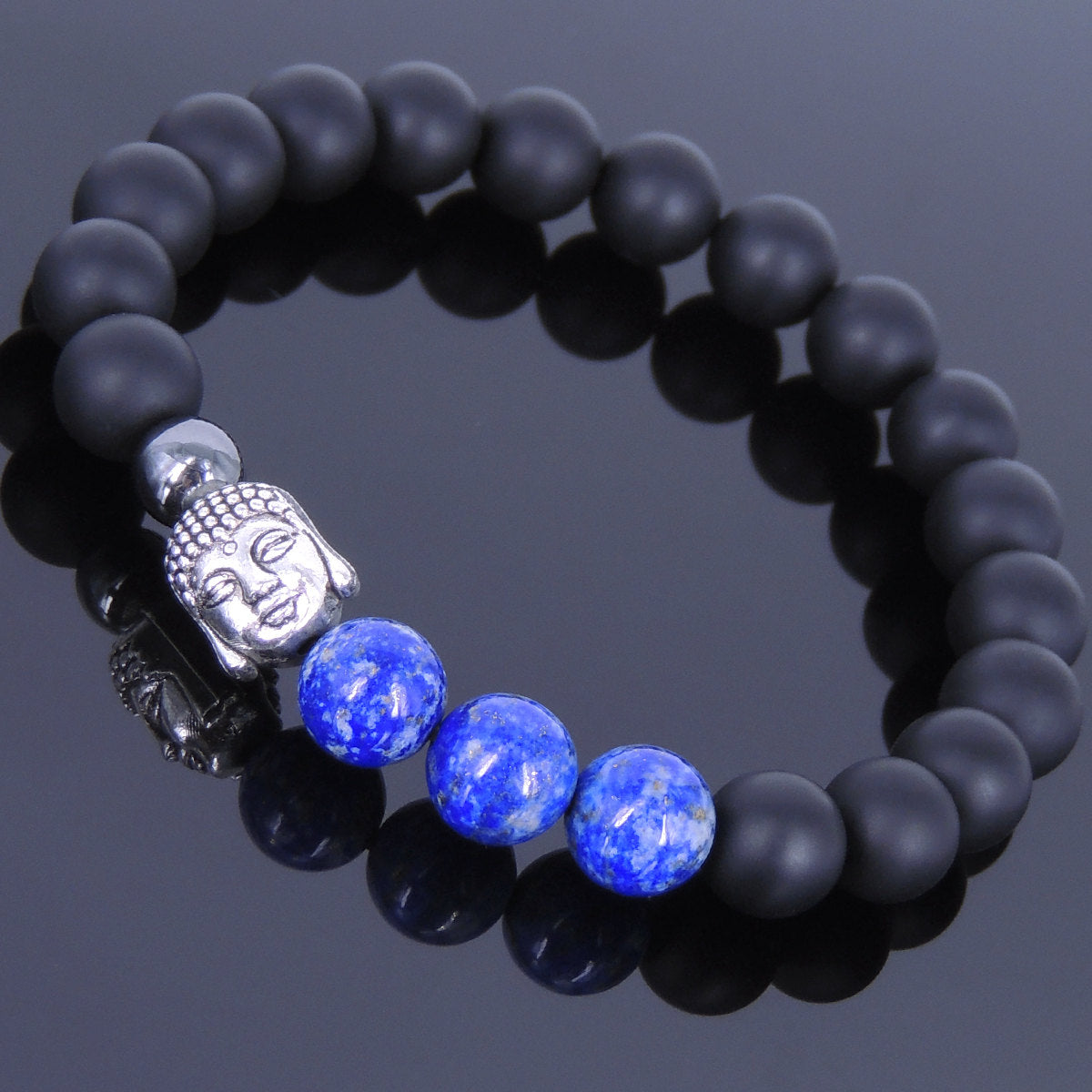 Lapis Lazuli, Matte Black Onyx & Hematite Healing Gemstone Bracelet with S925 Sterling Silver Sakyamuni Buddha - Handmade by Gem & Silver TSB032