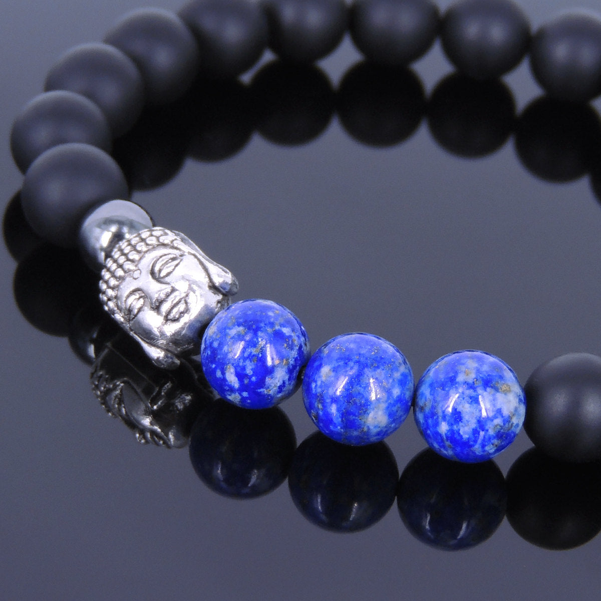 Lapis Lazuli, Matte Black Onyx & Hematite Healing Gemstone Bracelet with S925 Sterling Silver Sakyamuni Buddha - Handmade by Gem & Silver TSB032