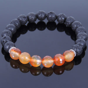 Faceted Red Carnelian & Lava Rock Healing Gemstone Bracelet with Tibetan Silver Spacers - Handmade by Gem and Silver TSB034