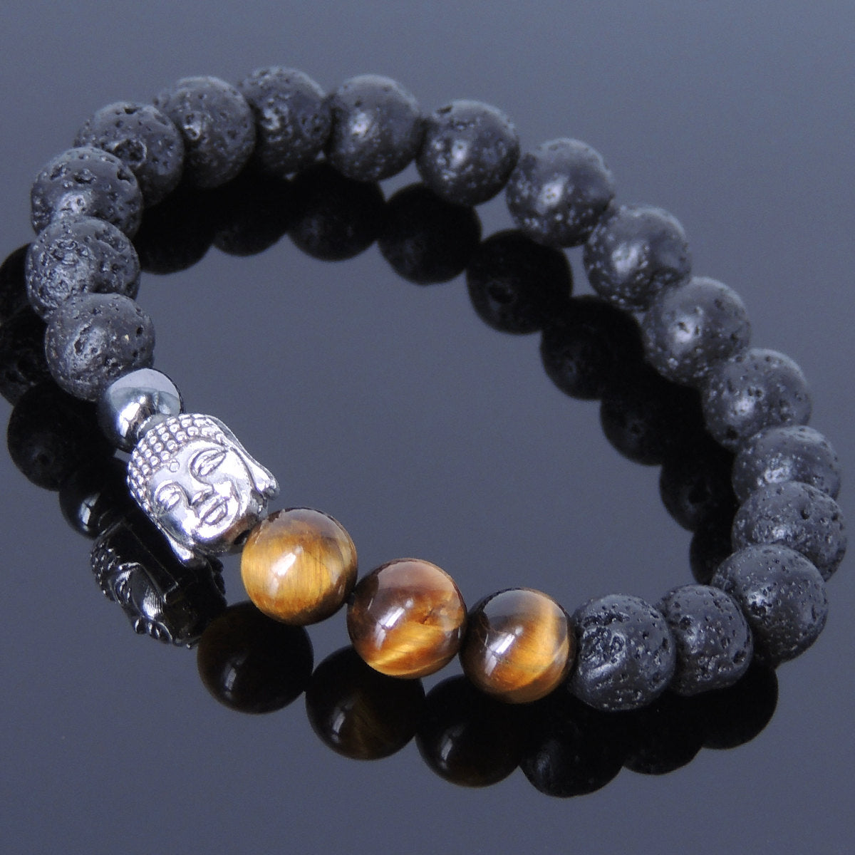 Brown Tiger Eye, Lava Rock & Hematite Healing Gemstone Bracelet with Tibetan Silver Guanyin Buddha & Spacers - Handmade by Gem & Silver TSB037