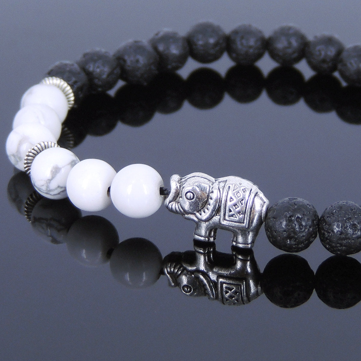 6mm White Howlite & Lava Rock Healing Stone Bracelet with Tibetan Silver Protection Elephant & Spacers - Handmade by Gem and Silver TSB046