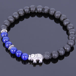 6mm Lapis Lazuli & Lava Rock Healing Stone Bracelet with Tibetan Silver Protection Elephant & Spacers - Handmade by Gem and Silver TSB048