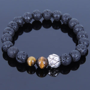 Brown Tiger Eye & Lava Rock Healing Stone Bracelet with Tibetan Silver Lotus Bead - Handmade by Gem & Silver TSB054