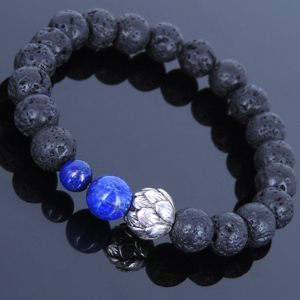 Lapis Lazuli & Lava Rock Healing Stone Bracelet with Tibetan Silver Lotus Bead - Handmade by Gem & Silver TSB056