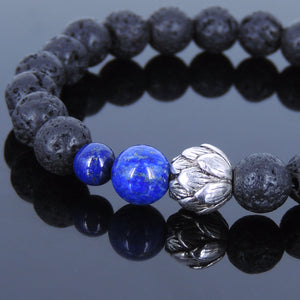 Lapis Lazuli & Lava Rock Healing Stone Bracelet with Tibetan Silver Lotus Bead - Handmade by Gem & Silver TSB056