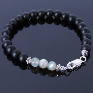 6mm Labradorite & Matte Black Onyx Healing Gemstone Bracelet with S925 Sterling Silver Beads Spacers & Clasp - Handmade by Gem & Silver BR200