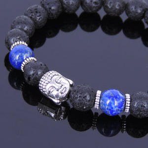 8mm Lapis Lazuli & Lava Rock Healing Stone Bracelet with Tibetan Silver Guanyin Buddha & Spacers - Handmade by Gem & Silver TSB062