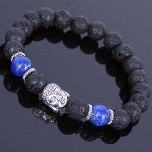 8mm Lapis Lazuli & Lava Rock Healing Stone Bracelet with Tibetan Silver Guanyin Buddha & Spacers - Handmade by Gem & Silver TSB062