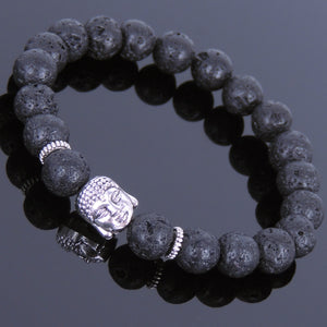 8mm Lava Rock Healing Stone Bracelet with Tibetan Silver Guanyin Buddha & Spacers - Handmade by Gem & Silver TSB057
