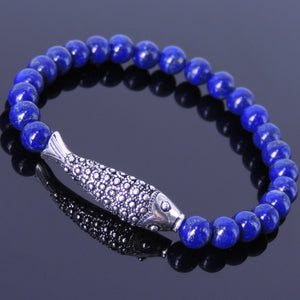 6mm Lapis Lazuli Healing Gemstone Bracelet with S925 Sterling Silver Lucky Koi Fish Charm - Handmade by Gem & Silver BR474