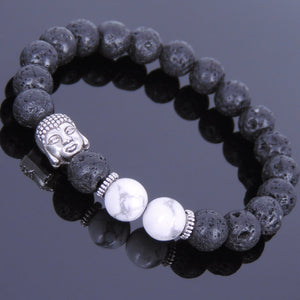White Howlite & Lava Rock Healing Gemstone Bracelet with Tibetan Silver Sakyamuni Buddha & Spacers - Handmade by Gem & Silver TSB065