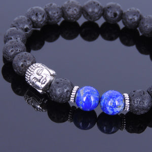 8mm Lapis Lazuli & Lava Rock Healing Stone Bracelet with Tibetan Silver Guanyin Buddha & Spacers - Handmade by Gem & Silver TSB069