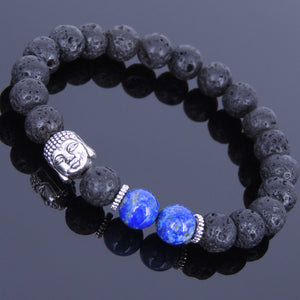 8mm Lapis Lazuli & Lava Rock Healing Stone Bracelet with Tibetan Silver Guanyin Buddha & Spacers - Handmade by Gem & Silver TSB069