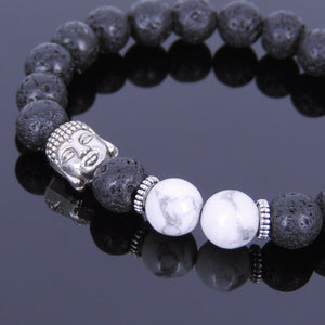 White Howlite & Lava Rock Healing Gemstone Bracelet with Tibetan Silver Sakyamuni Buddha & Spacers - Handmade by Gem & Silver TSB065