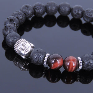 8mm Red Tiger Eye & Lava Rock Healing Stone Bracelet with Tibetan Silver Guanyin Buddha & Spacers - Handmade by Gem & Silver TSB066