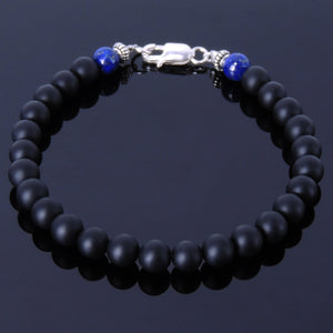6mm Matte Black Onyx & Lapis Lazuli Healing Gemstone Bracelet with S925 Sterling Silver Spacer Beads & Clasp - Handmade by Gem & Silver BR191
