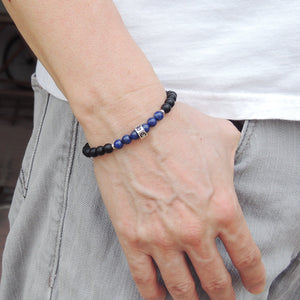 6mm Matte Black Onyx & Lapis Lazuli Healing Gemstone Bracelet with S925 Sterling Silver Spacers & Gothic Protection Charm - Handmade by Gem & Silver BR491E