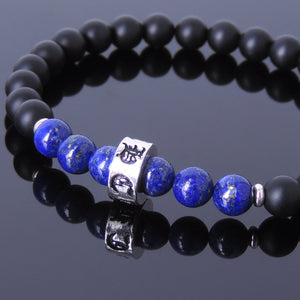 6mm Matte Black Onyx & Lapis Lazuli Healing Gemstone Bracelet with S925 Sterling Silver Spacers & Gothic Protection Charm - Handmade by Gem & Silver BR491E