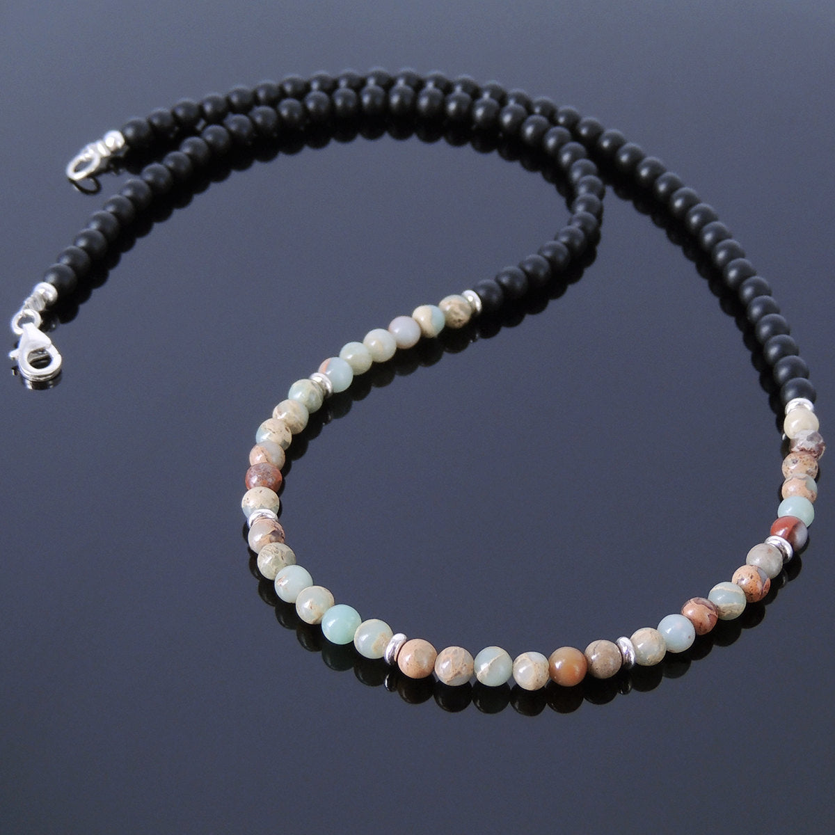 4mm Jasper & Matte Black Onyx Healing Gemstone Necklace with S925 Sterling Silver Spacer Beads & Clasp - Handmade by Gem & Silver NK018
