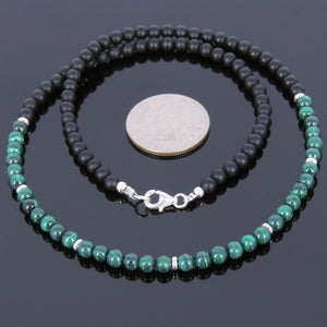 4mm Matte Black Onyx & Malachite Healing Gemstone Necklace with S925 Sterling Silver Spacers & Clasp - Handmade by Gem & Silver NK022