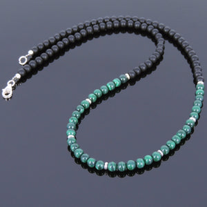 4mm Matte Black Onyx & Malachite Healing Gemstone Necklace with S925 Sterling Silver Spacers & Clasp - Handmade by Gem & Silver NK022