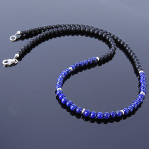 4mm Matte Black Onyx & Lapis Lazuli Healing Gemstone Necklace with S925 Sterling Silver Spacers & Clasp - Handmade by Gem & Silver NK016