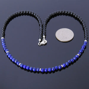 4mm Matte Black Onyx & Lapis Lazuli Healing Gemstone Necklace with S925 Sterling Silver Spacers & Clasp - Handmade by Gem & Silver NK016