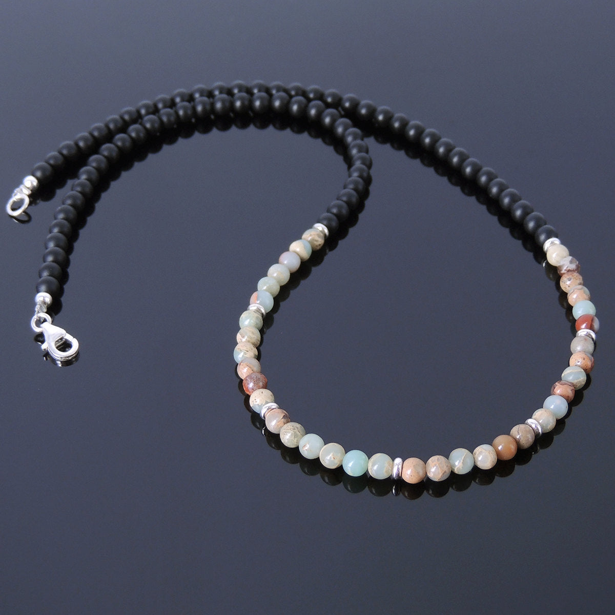 4mm Jasper & Matte Black Onyx Healing Gemstone Necklace with S925 Sterling Silver Spacer Beads & Clasp - Handmade by Gem & Silver NK018