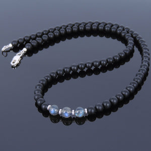 Grade AAAA Labradorite & Matte Black Onyx Healing Gemstone Necklace with S925 Sterling Silver Spacers & Clasp - Handmade by Gem & Silver NK027