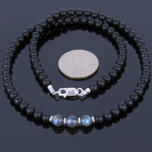 Grade AAAA Labradorite & Matte Black Onyx Healing Gemstone Necklace with S925 Sterling Silver Spacers & Clasp - Handmade by Gem & Silver NK027