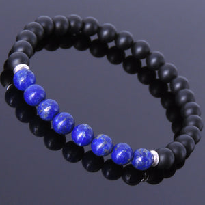 6mm Lapis Lazuli & Matte Black Onyx Healing Gemstone Bracelet with S925 Sterling Silver Spacer Beads - Handmade by Gem & Silver BR500