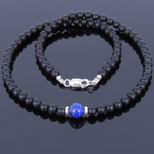 Lapis Lazuli & Matte Black Onyx Healing Gemstone Necklace with S925 Sterling Silver Spacer Beads & Clasp - Handmade by Gem & Silver NK031