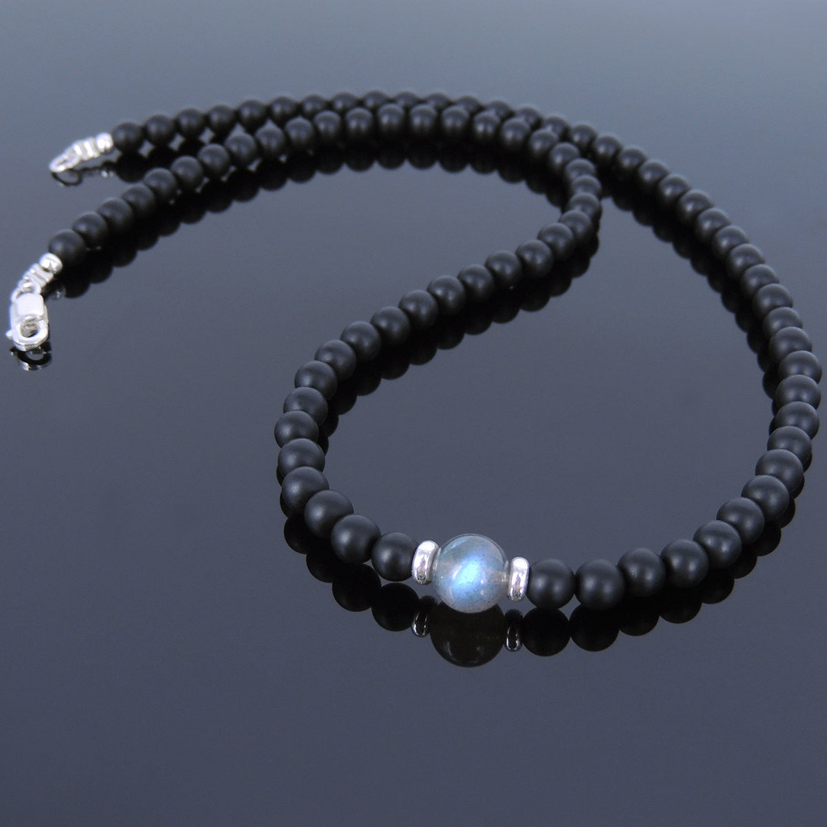 Labradorite & Matte Black Onyx Healing Gemstone Necklace with S925 Sterling Silver Spacer Beads & Clasp - Handmade by Gem & Silver NK033