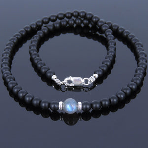 Labradorite & Matte Black Onyx Healing Gemstone Necklace with S925 Sterling Silver Spacer Beads & Clasp - Handmade by Gem & Silver NK033