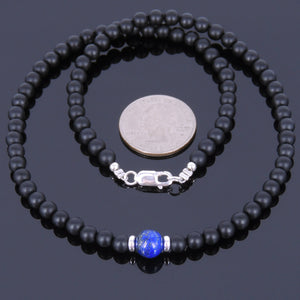Lapis Lazuli & Matte Black Onyx Healing Gemstone Necklace with S925 Sterling Silver Spacer Beads & Clasp - Handmade by Gem & Silver NK031