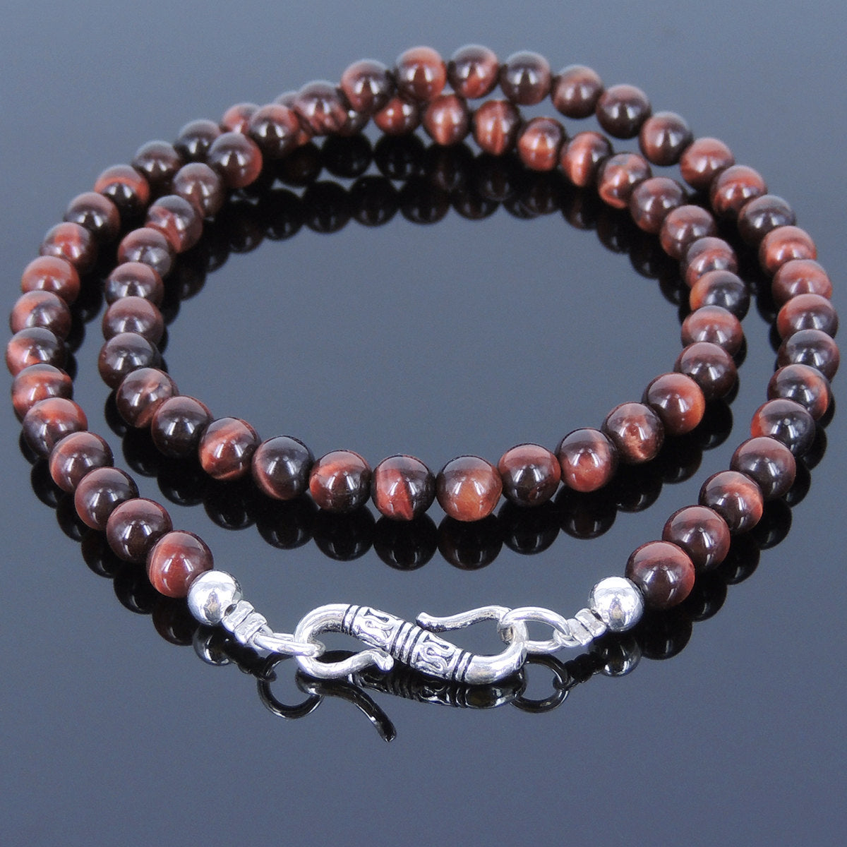 6mm Red Tiger Eye Healing Gemstone Necklace with S925 Sterling Silver Spacers & Clasp - Handmade by Gem & Silver NK036
