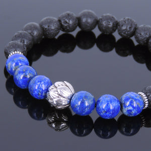 8mm Lapis Lazuli & Lava Rock Healing Stone Bracelet with Tibetan Silver Lotus Bead & Spacers - Handmade by Gem & Silver TSB074