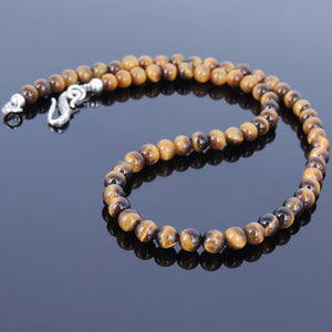 6mm Brown Tiger Eye Healing Gemstone Necklace with S925 Sterling Silver Spacers & S-Hook Clasp - Handmade by Gem & Silver NK035