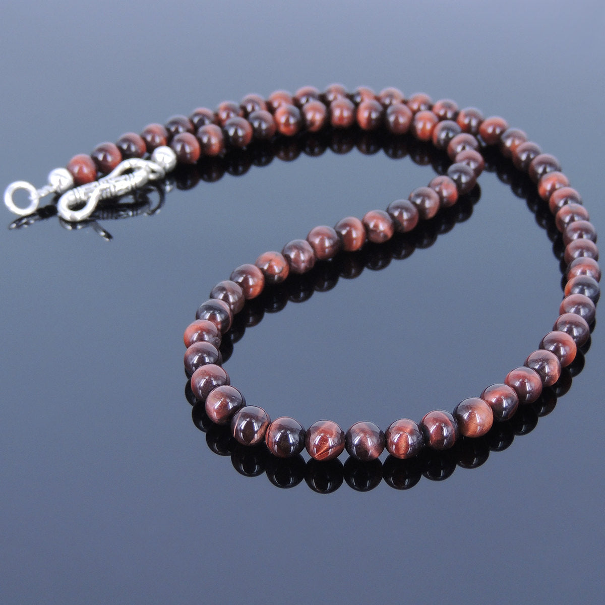 6mm Red Tiger Eye Healing Gemstone Necklace with S925 Sterling Silver Spacers & Clasp - Handmade by Gem & Silver NK036