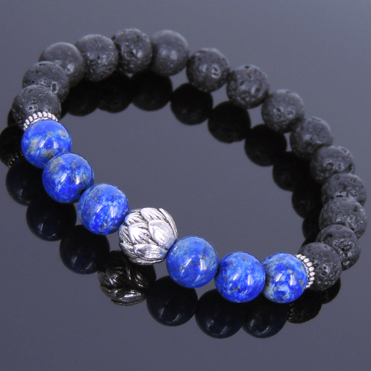 8mm Lapis Lazuli & Lava Rock Healing Stone Bracelet with Tibetan Silver Lotus Bead & Spacers - Handmade by Gem & Silver TSB074