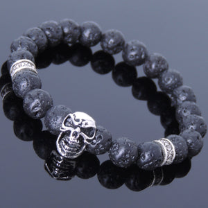 8mm Lava Rock Healing Stone Bracelet with S925 Sterling Silver Skull Charm & Celtic Cross Spacers - Handmade by Gem & Silver BR505