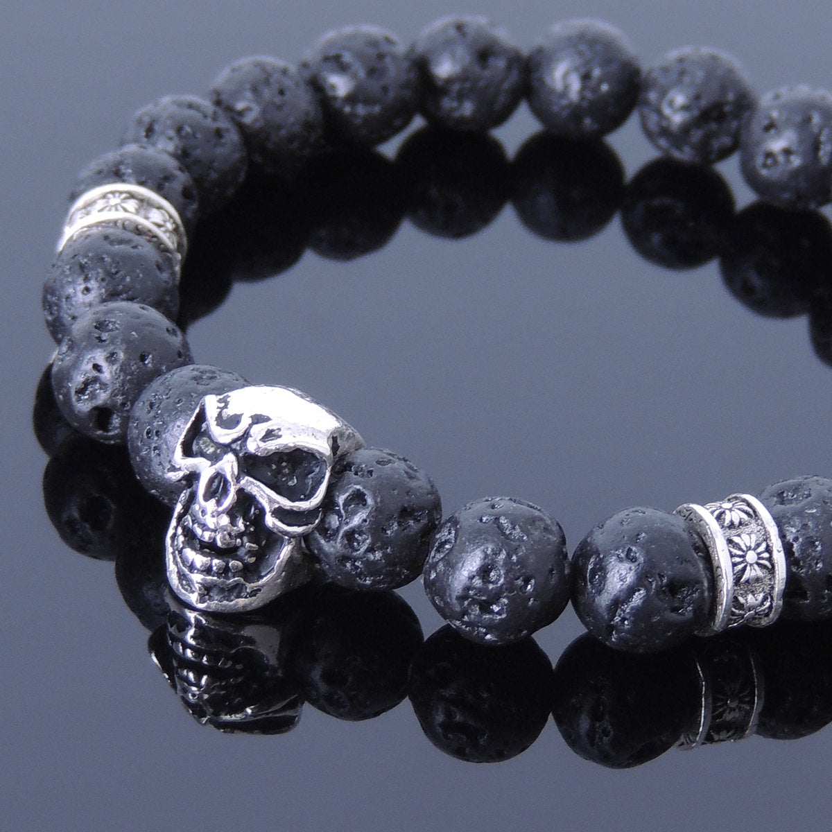8mm Lava Rock Healing Stone Bracelet with S925 Sterling Silver Skull Charm & Celtic Cross Spacers - Handmade by Gem & Silver BR505