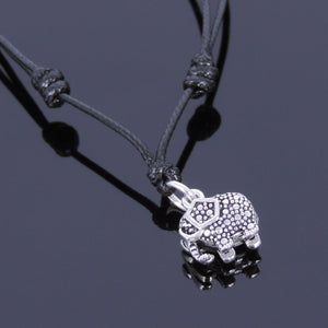 Adjustable Wax Rope Necklace with S925 Sterling Silver Vintage Elephant Protection Pendant - Handmade by Gem & Silver NK044