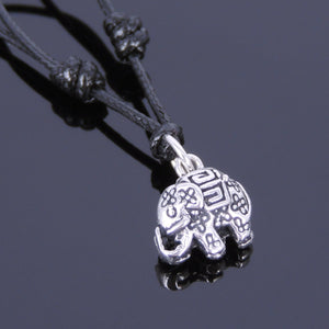 Adjustable Wax Rope Necklace with S925 Sterling Silver Vintage Pattern Elephant Pendant - Handmade by Gem & Silver NK045