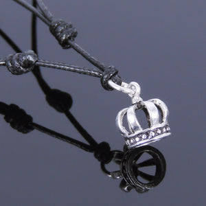 Adjustable Wax Rope Necklace with S925 Sterling Silver Royal Crown Pendant - Handmade by Gem & Silver NK046